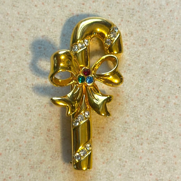 Vintage Merksamer holiday rhinestone candy cane broach gold tone (730) - Picture 1 of 5